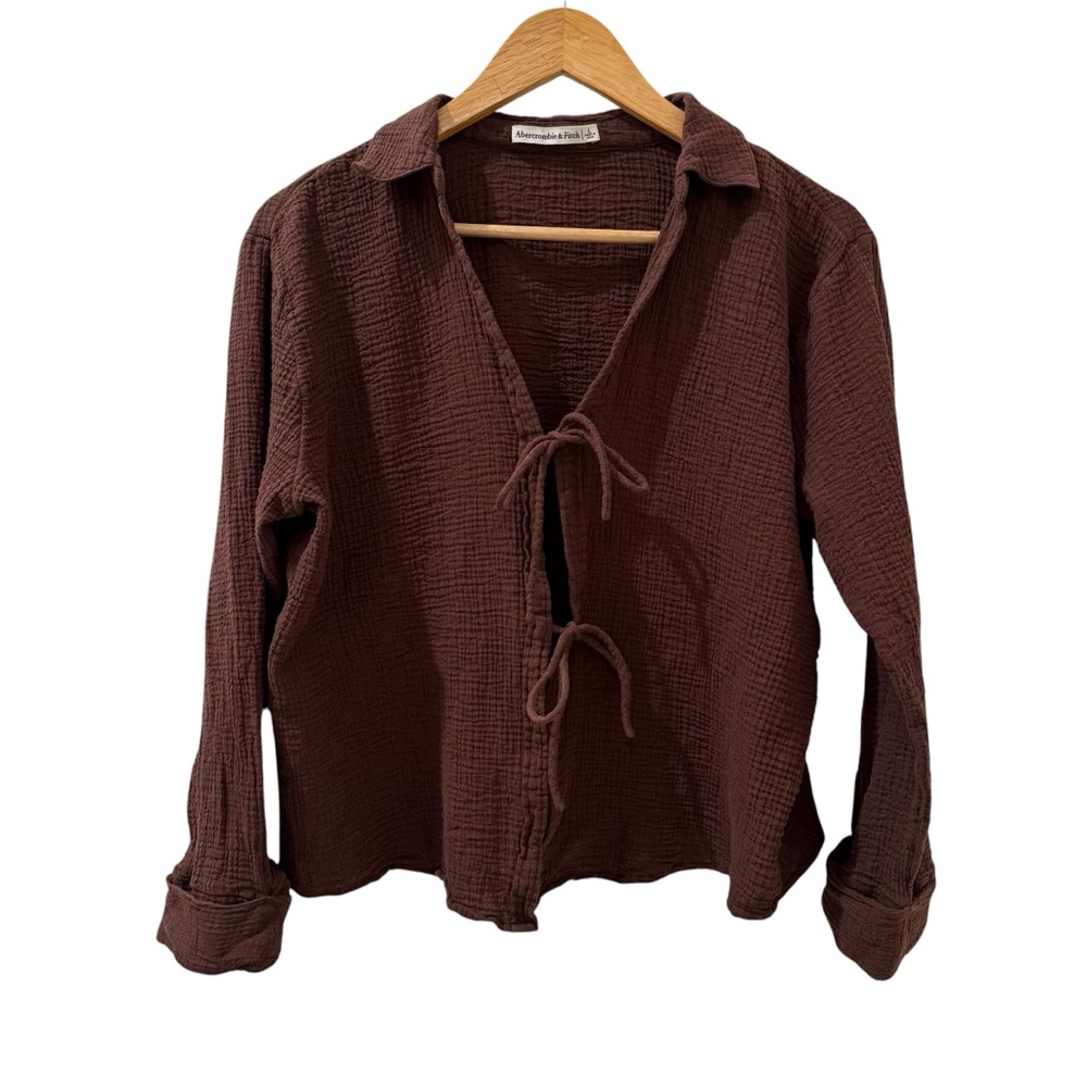 Abercrombie & Fitch Oversized Gauze Tie Front Shirt Brown Long Sleeve Top Size L - Picture 3 of 8